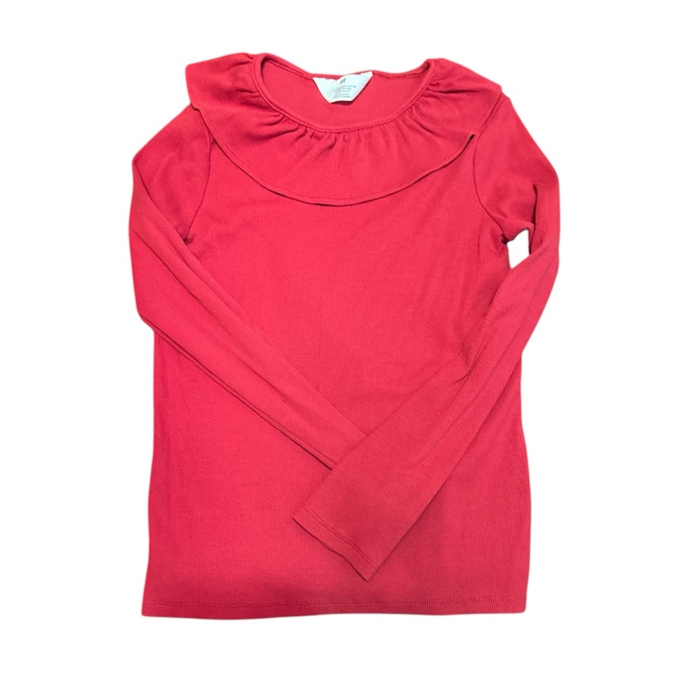 Girls Cranberry Red Ruffle Collar Long Sleeve Stretchy Ribbed  Top